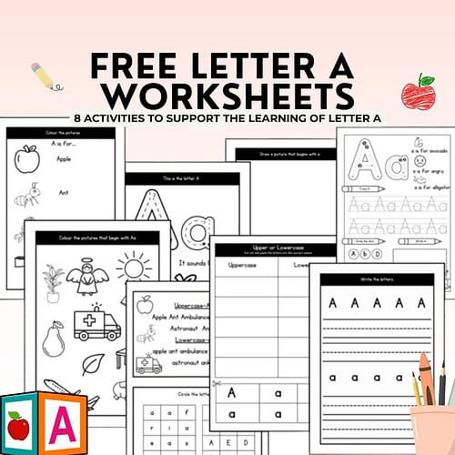 Free Letter A Worksheets for homeschooling: 8 activities to support learning the letter A with colorful illustrations and handwriting practice.