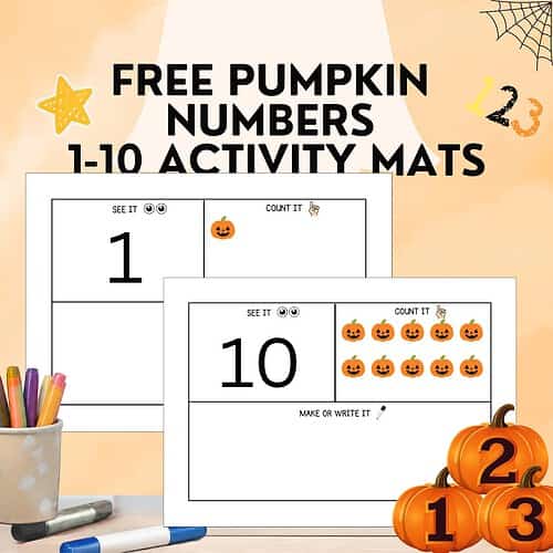 FREE Pumpkin Activity Mats 1-10 Free pumpkin numbers 1-10 activity mats for homeschooling, featuring large numbers, cute jack-o'-lantern icons, and hands-on counting prompts on a peachy background.