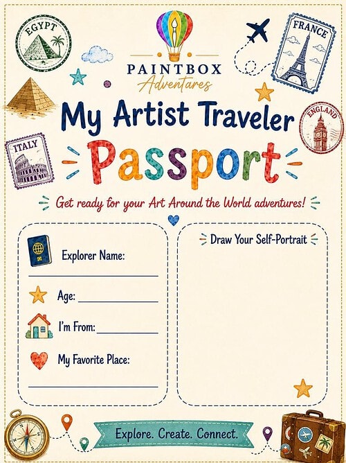 Travel Artist Traveler Passport My Artist Traveler Passport cover for Homeschool Resource Co. featuring colorful stamps, travel icons, and a doodle-style title; ideal for kids' art exploration and global adventures.
