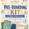 Travel Pre-Boarding Kit Pre-boarding Kit art illustration from Paintbox Adventures featuring colorful world travel elements, suitcase, passport, boarding pass, hot air balloon, airplane, and decorative doodles.