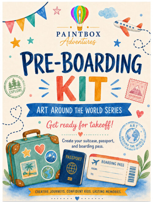 Travel Pre-Boarding Kit Pre-boarding Kit art illustration from Paintbox Adventures featuring colorful world travel elements, suitcase, passport, boarding pass, hot air balloon, airplane, and decorative doodles.