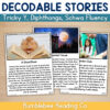 Tricky Y Short Stories Cover Homeschool resource images including a hamster reading a book, a haunted house scene, and children in a garden club, promoting educational activities.