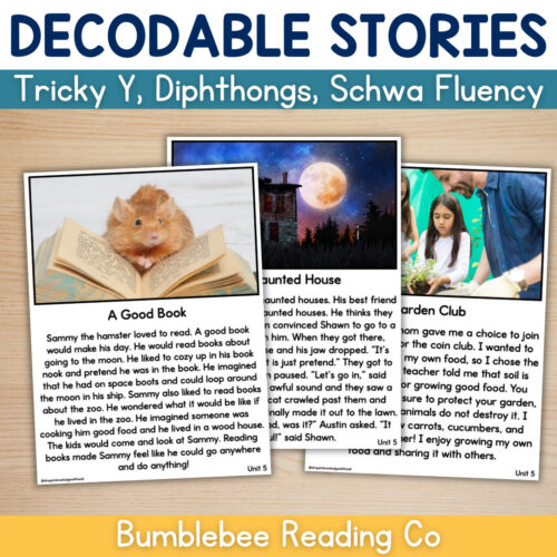 Tricky Y Short Stories Cover Homeschool resource images including a hamster reading a book, a haunted house scene, and children in a garden club, promoting educational activities.
