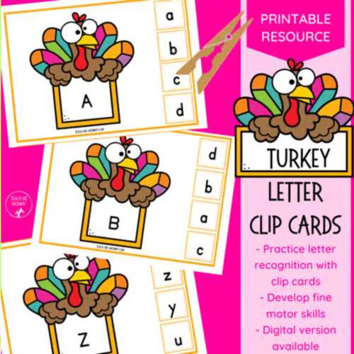 Colorful turkey letter clip cards for early literacy with uppercase letters A, B, D and lowercase options, on bright pink background.