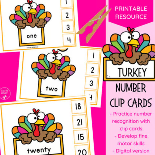 Turkey number clip cards for homeschool math: turkey cartoon with numbered cards and templates for counting and number recognition.