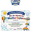 Weather Explorers badge and certificate, resized Certificate of Completion for Mini Art Adventures: Weather Explorers featuring vibrant illustrations of sun, clouds, rain, and a rainbow on a decorative border.