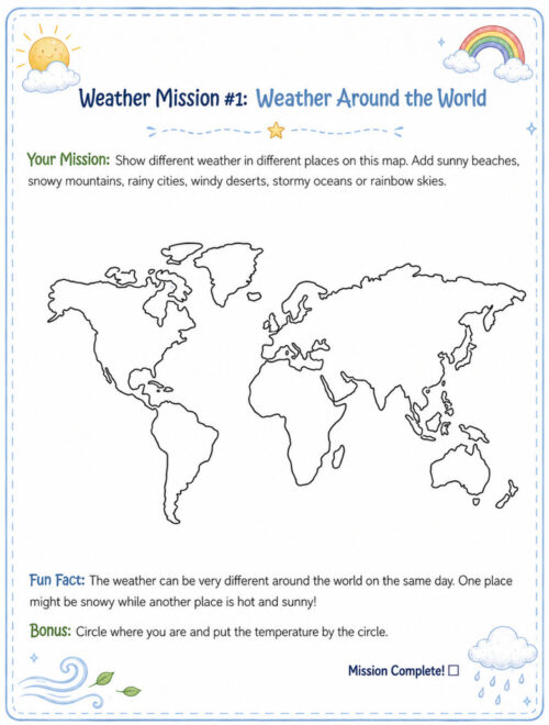 Weather Mission 1 Weather Around the World, resized World map illustration for Weather Mission #1: Weather Around the World theme, showing a simple outline map for educational use.