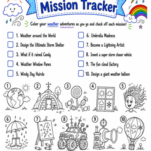 My Weather Mission Tracker: colorful weather-themed banner with sun, clouds, rainbow, and illustrated mission icons for Weather Adventure Explorer activity.
