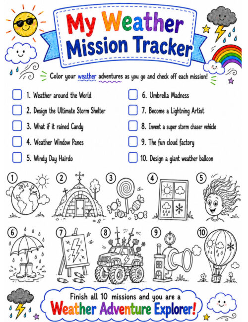 Weather tracker fixed gallery size My Weather Mission Tracker: colorful weather-themed banner with sun, clouds, rainbow, and illustrated mission icons for Weather Adventure Explorer activity.