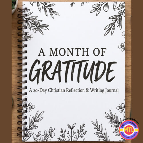 Y 78 Gratitude Journal Cover A MONTH OF GRATITUDE: A 20-Day Christian reflection & writing journal cover with botanical black-and-white illustrations on a white spiral notebook.