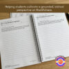 Y 78 Gratitude Journal inside 1 Open spiral-bound student journal pages open to daily gratitude entries, with a brown banner at the top reading "Helping students cultivate a grounded, biblical perspective on thankfulness.".