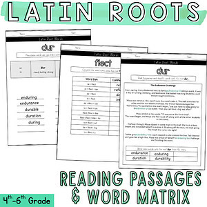 Latin Roots Morphology Matrix & Word Sums with Reading Passages 5th 6th Grade
