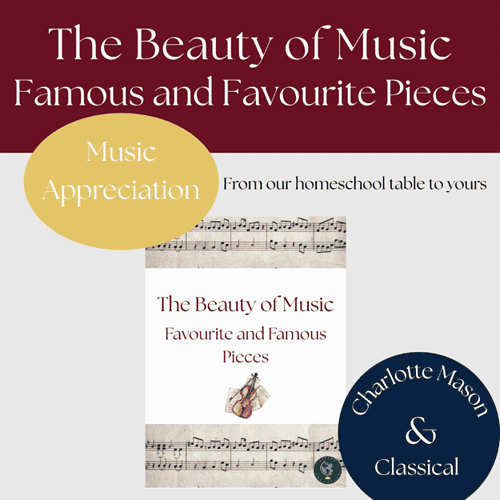 Book cover titled 'The Beauty of Music: Famous and Favourite Pieces' with musical notes and a butterfly illustration, promoting music appreciation for homeschoolers.