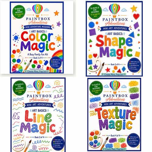 cropped-Art-Basics-bundle-cover-with-all-four-book-covers.jpg Colorful covers of Paintbox Adventures mini art basics books: Color Magic, Shape Magic, Line Magic, and Texture Magic, featuring bright doodles, balloons, and craft supplies on white backgrounds.