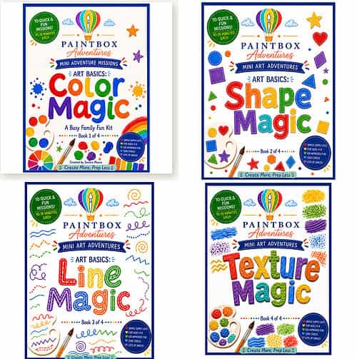 cropped-Art-Basics-bundle-cover-with-all-four-book-covers.jpg Colorful covers of Paintbox Adventures mini art basics books: Color Magic, Shape Magic, Line Magic, and Texture Magic, featuring bright doodles, balloons, and craft supplies on white backgrounds.