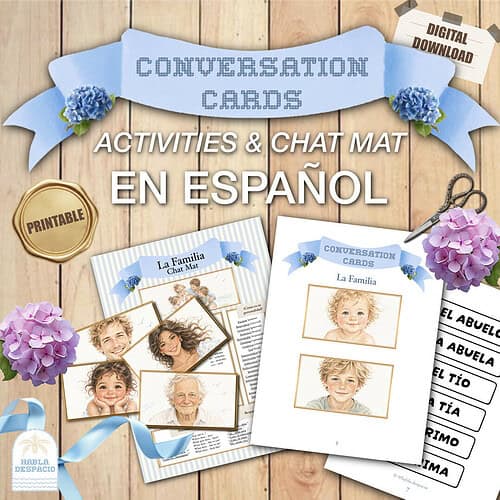 cropped-Cover_1.jpg Homeschool Resource Co. conversation cards in English and Spanish for kids, featuring printable activities and chat mat, with photos of smiling children and labeled blanks on a wooden background.