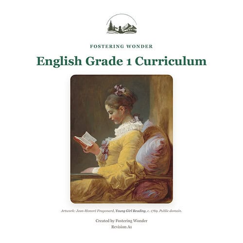 English Grade 1 Curriculum cover featuring a young girl reading a book, promoting homeschooling resources for early education.