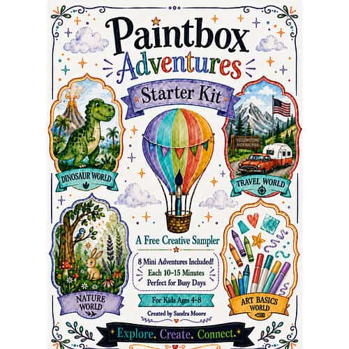 cropped-Free-Starter-Kit-square-cover.jpg Paintbox Adventures Starter Kit cover featuring a colorful hot air balloon, dinosaur world, nature world, travel world, art basics world illustrations and playful typography for kids.
