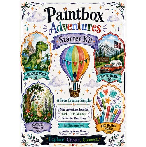 cropped-Free-Starter-Kit-square-cover.jpg Paintbox Adventures Starter Kit cover featuring a colorful hot air balloon, dinosaur world, nature world, travel world, art basics world illustrations and playful typography for kids.