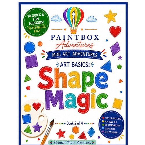cropped-Shape-Magic-cover-shaped-to-781-by-788.jpg Paintbox Adventures Book 2 of 4 – Mini Art Adventures for Shape Basics with colorful shapes, brushes, and craft elements on a white background.