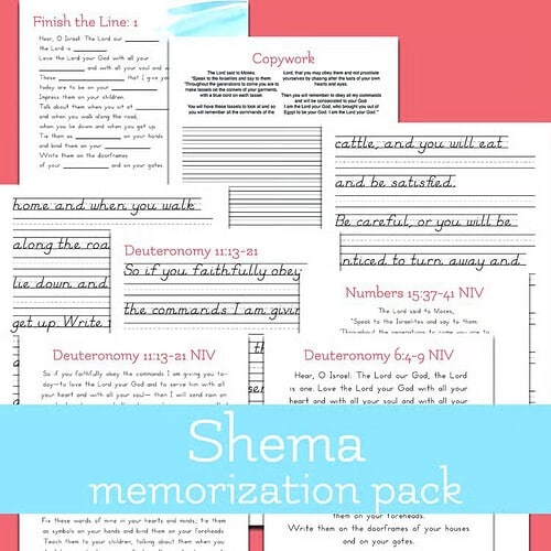 cropped-Shema-pack.jpeg Shema memorization pack collage featuring handwriting practice pages and scripture references from Homeschool Resource Co.