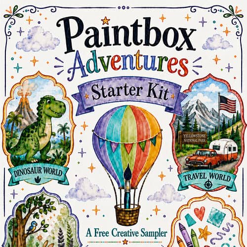 cropped-Starter-Kit-cover-resized.jpg Paintbox Adventures Starter Kit image showcasing colorful hot air balloon, dinosaur world, travel world, nature world, art basics world, and kid-friendly tools for homeschool activities.