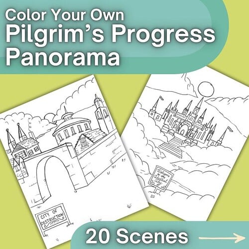 Color your own pilgrim's progress panorama with 20 scenes, featuring detailed line drawings of historic buildings and castles.