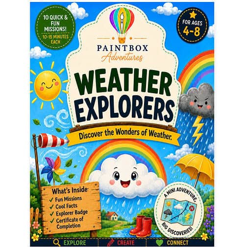 cropped-Weather-Explorers-square-cover.jpg Weather Explorers by Paintbox Adventures cover image featuring bright illustrations of sun, rainbow, clouds, raindrops, and playful characters for ages 4-8, with bold title and colorful design.