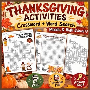Thanksgiving Crossword & Word Search Activities | Vocabulary Puzzles with Answer Keys | Middle & High School