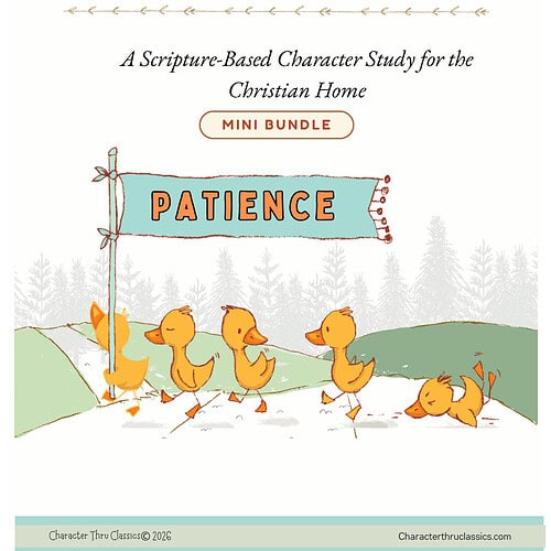 cropped-cropped-Patience_Mini_Bundle_Cover.jpg Patience themed illustration with yellow ducklings marching in a line under a banner reading PATIENCE, in a pastel landscape for Character Thru Classics.