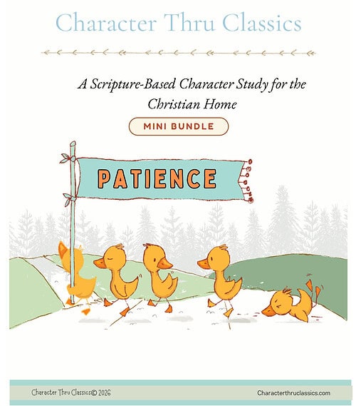 cropped-cropped-Patience_Mini_Bundle_Cover.jpg Patience themed illustration with yellow ducklings marching in a line under a banner reading PATIENCE, in a pastel landscape for Character Thru Classics.