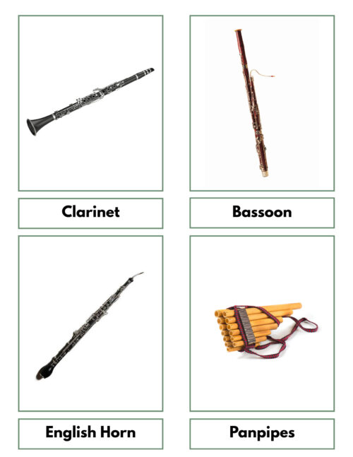 ext 1 3 Collection of four musical wind instruments including clarinet, bassoon, English horn, and panpipes, used for music education and performance.