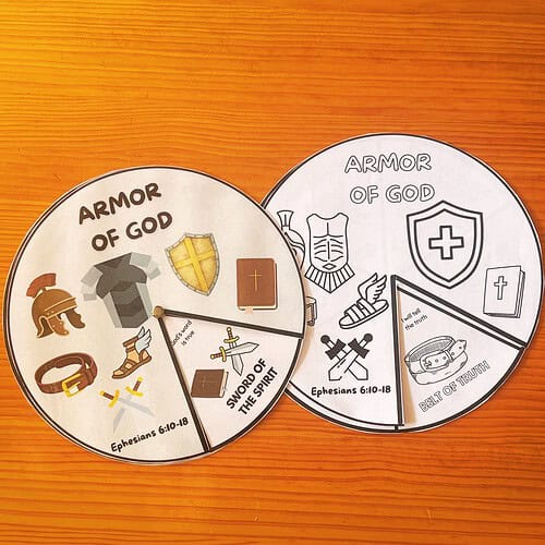 Educational craft project featuring armor of God symbols on two paper plates for homeschooling activities.