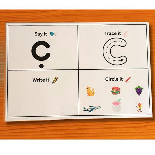 Educational worksheet for children teaching the letter C with activities like saying, tracing, writing, and circling objects.