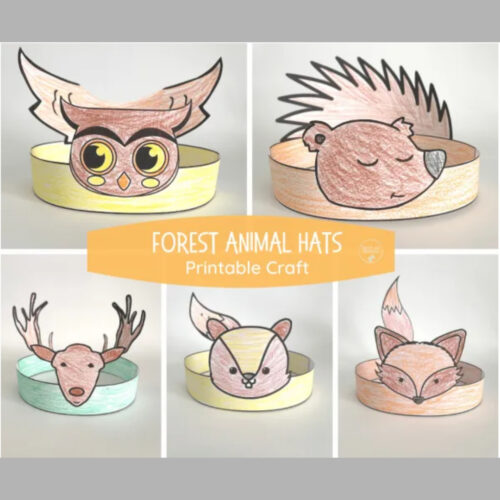 Colorful paper craft forest animal hats for kids, including owl, hedgehog, deer, fox, and squirrel, designed for homeschooling activities.