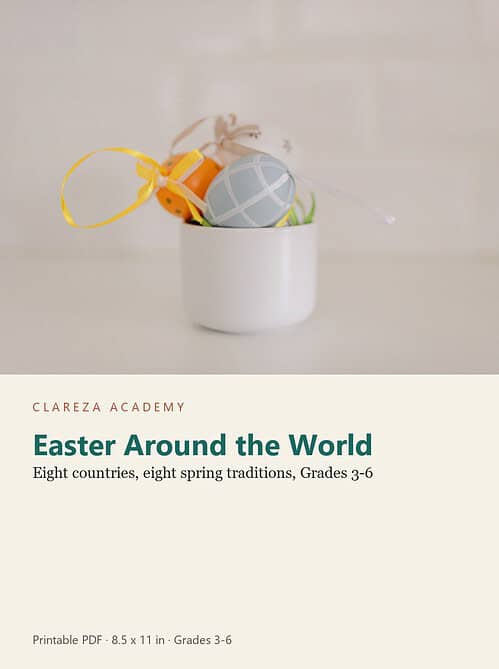 holiday-cz-easter-world.jpg Easter eggs in a white cup with ribbons, celebrating Easter traditions around the world for grades 3-6.