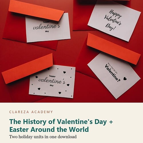 holiday-cz-spring-bundle-2.jpg Valentine's Day and Easter holiday cards with red envelopes and handwritten messages, suitable for homeschooling activities.