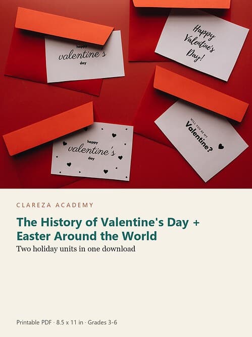 holiday-cz-spring-bundle-2.jpg Valentine's Day and Easter holiday cards with red envelopes and handwritten messages, suitable for homeschooling activities.
