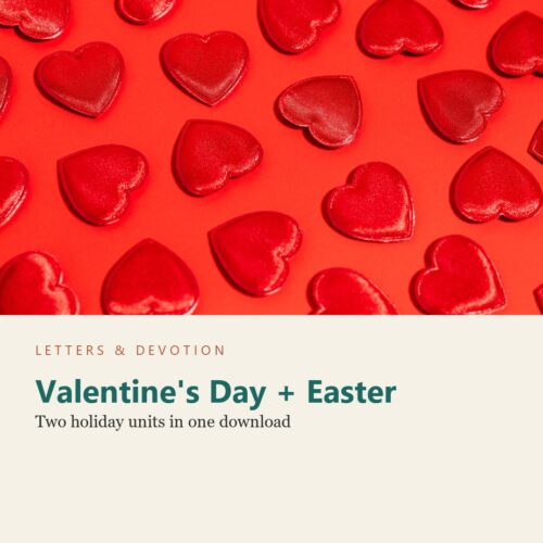 holiday-ld-spring-bundle.jpg Valentine's Day and Easter holiday units for homeschooling, featuring red heart-shaped decorations on a red background.