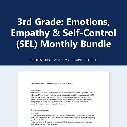 3rd Grade Emotions, Empathy and Self-Control SEL Monthly Bundle image for Homeschool Resource Co. featuring a bold header and classroom style design.