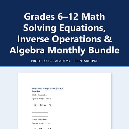 Grades 6–12 math solving equations inverse operations algebra bundle from Homeschool Resource Co. printable PDF cover image.