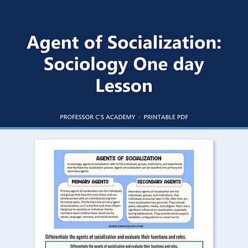 Sociology lesson illustration showing primary and secondary agents of socialization with an emphasis on how family, school, peers, and media influence behavior.