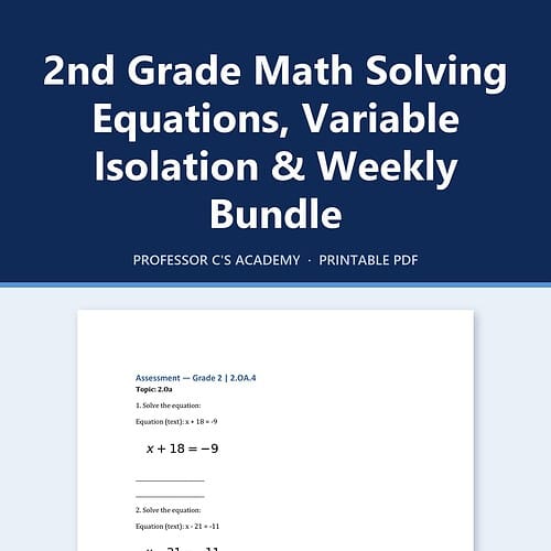 Homeschool Resource Co. Math Bundle Image 2nd Grade Math Solving Equations Variable Isolation Weekly Bundle cover showing printable PDF from Homeschool Resource Co.
