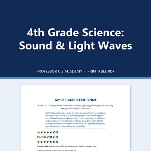 4th Grade Science: Sound & Light Waves Educational image showing a Grade Grade 4 science topic about sound and light waves with printable PDF resources for home schooling.