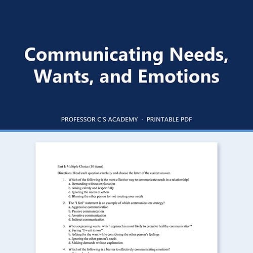 Homeschool Resource Co. Communicating Needs Homeschool Resource Co. image showing a professional educational guide titled "Communicating Needs, Wants, and Emotions" from Professor C's Academy with a blue header and printable PDF layout.