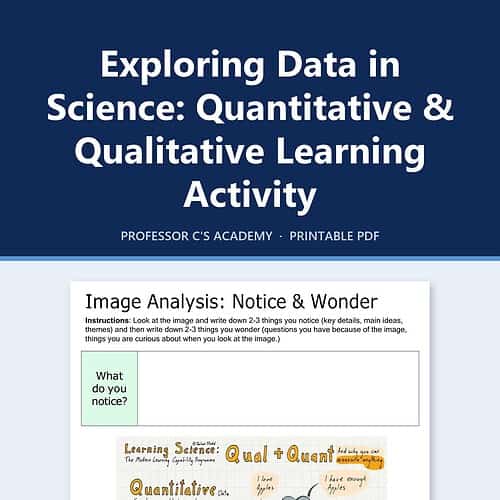 Exploring data in science: quantitative and qualitative learning activity image from Homeschool Resource Co. showing a notice & wonder prompt and a learning science poster.