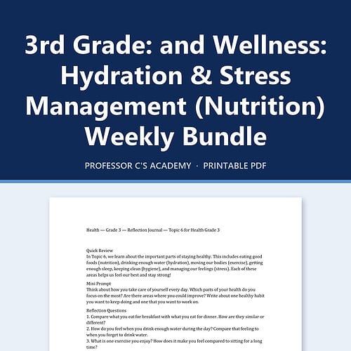 Third Grade Wellness weekly bundle cover featuring bold white typography on a dark blue header and a light blue background.