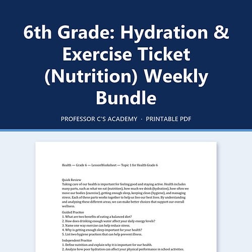 Homeschool Resource Co. Health Guide Image Sixth grade health worksheet cover focusing on hydration, exercise, and nutrition from Homeschool Resource Co.