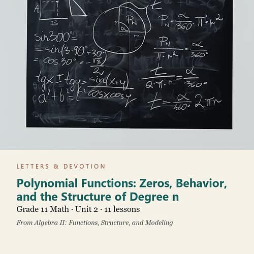 letters-devotion-g11_algebra_ii_functions_structure_and_modeling-math-u2.jpg Polynomial Functions: Zeros, Behavior, and the Structure of Degree n: Math Unit 2, Grade 11 (Letters & Devotion)
