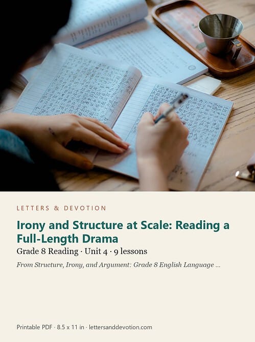 letters-devotion-g8_structure_irony_and_argument_grade_8_english_language_arts-reading-u4.jpg Irony and Structure at Scale: Reading a Full-Length Drama: Reading Unit 4, Grade 8 (Letters & Devotion)